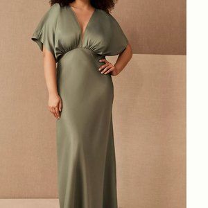 NWT BHLDN Anthropologie Leila Deep-V Flutter-Sleeve Satin A-Line Gown, Moss, 24W